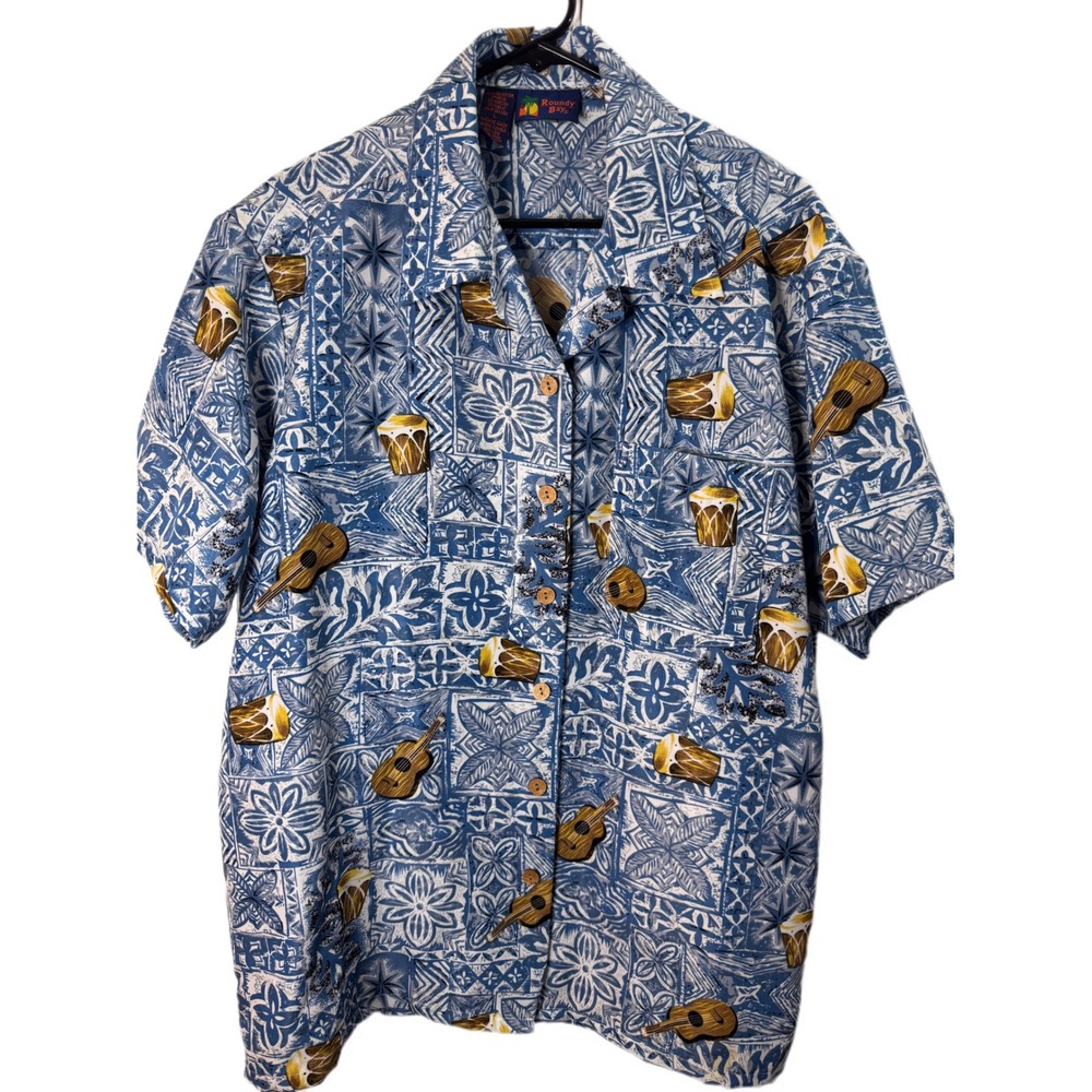 Vintage Roundy Bay Hawaiian Shirt Mens Large Blue Button Up Vacation Pool Attire